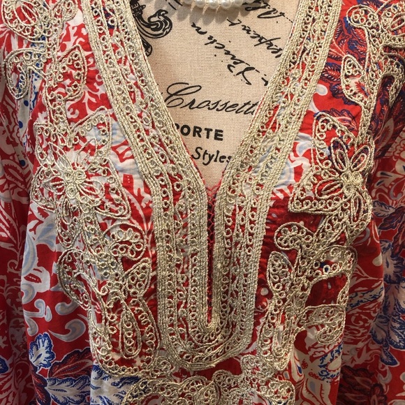 Charter Club Woman Weekends 2X Red and Blue Floral Tunic with Gold Embroidery - Picture 3 of 5